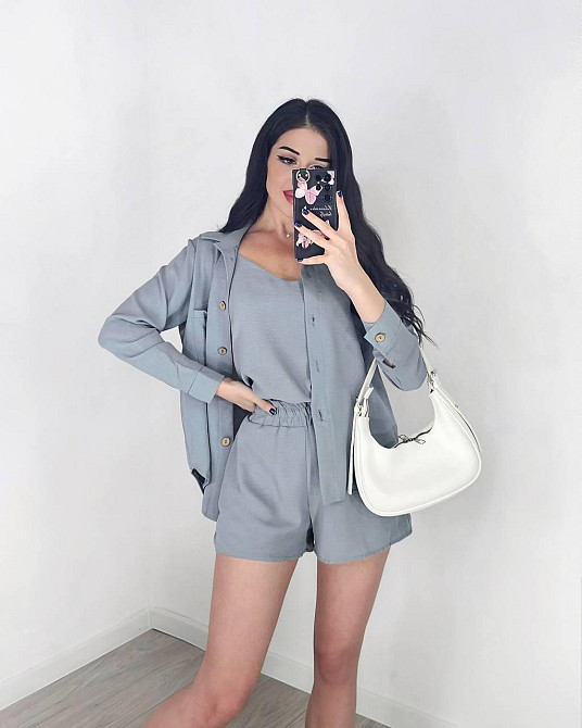 Жіночий легкий костюм-трійка: сорочка, майка та шорти креп жатка Сірий, 44/46 Одеса - фото 4