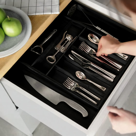 Органайзер для столовых приборов, раздвижной для кухни бамбуковый лоток для хранения вилок,ложек и ножей,черный Каменец-Подольский