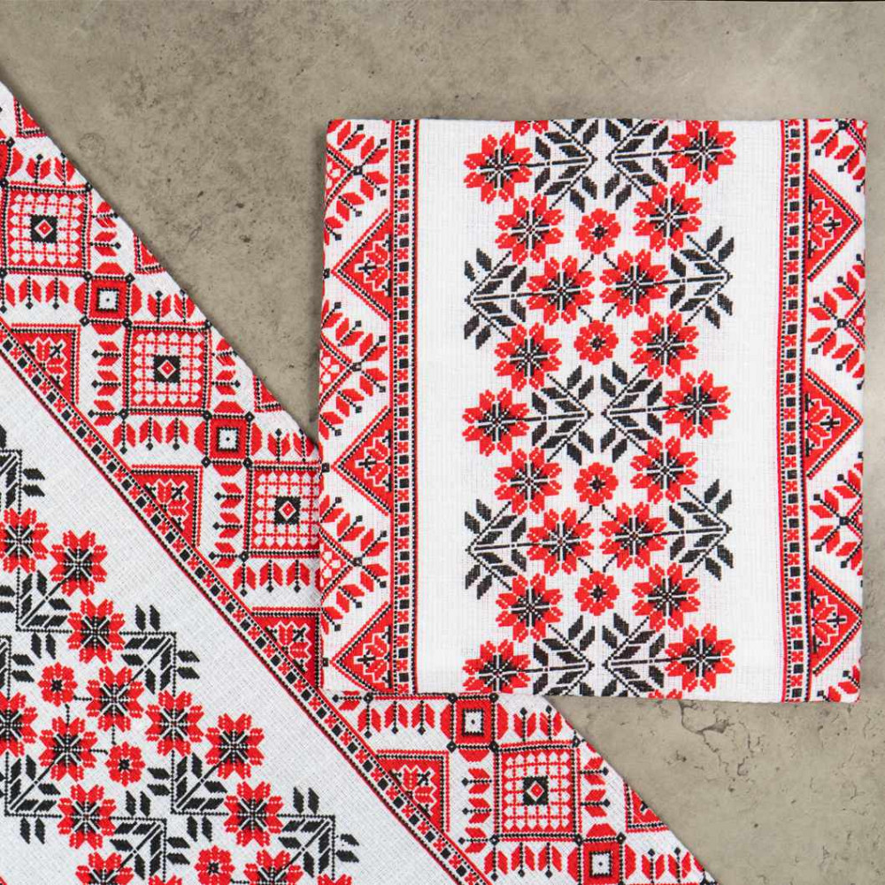 Рушник вафельний з принтом вишивки та червоними квітами GM Textile 35х61см 180г/м2 (Біло-червоний) Суми - фото 4