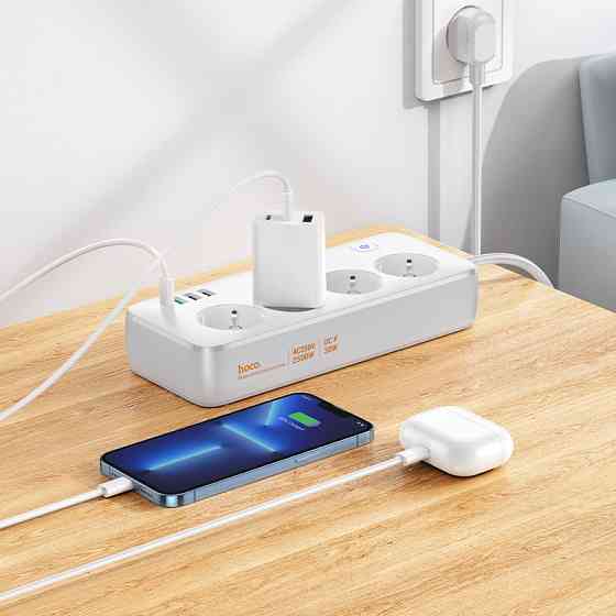Мережевий подовжувач HOCO AC22 Sunlight 4-bit (PD30W/1C3A) desktop socket (EU/GER) (1.5 m) White Київ