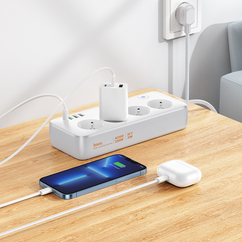 Мережевий подовжувач HOCO AC22 Sunlight 4-bit (PD30W/1C3A) desktop socket (EU/GER) (1.5 m) White Київ - фото 6