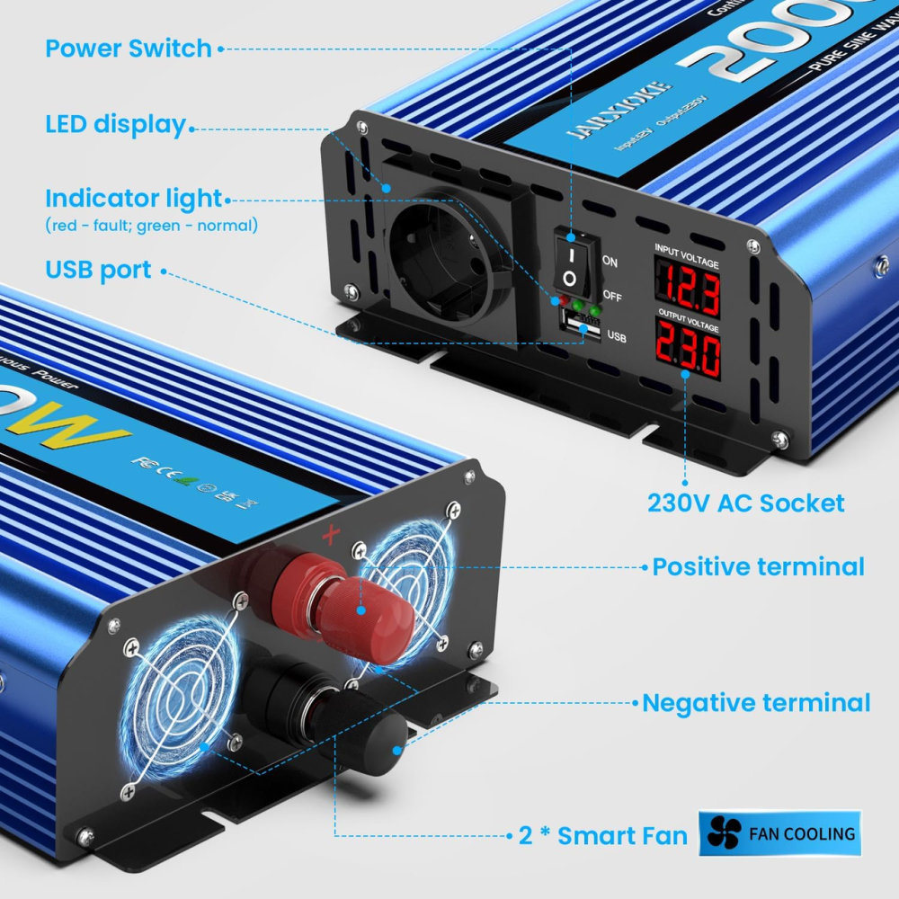 Інвертор 2200 W з чистою синусоїдою 2000W, перетворювач напруги 12 В - 230 В з 2 розетками змінного струму, USB-портами Київ - фото 6