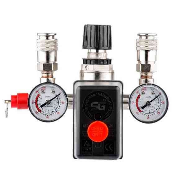 Пресостат 220 В (блок автоматики компресора) в зборі: пресостат, редуктор, 2 манометри, запобіжний клапан, 2 виходи INTERTOOL Киев