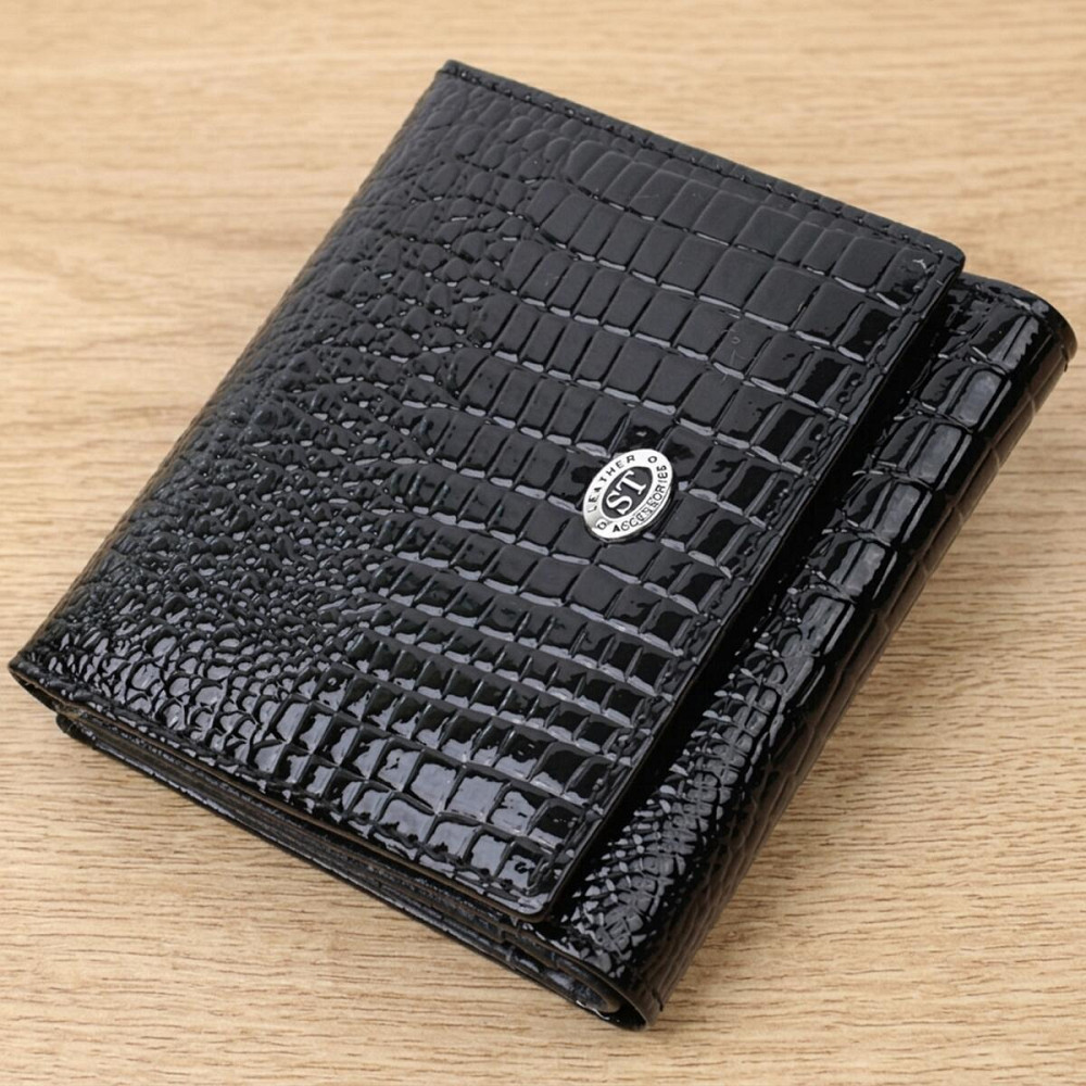 Женский компактный кошелек из натуральной лакированной кожи ST Leather 22688 Черный Киев - изображение 11