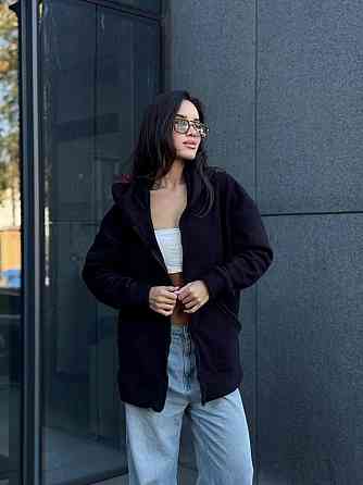 Жіноча тепла кофта оверсайз із капюшоном на блискавці турецький фліс Чорний, 42/44 Одеса