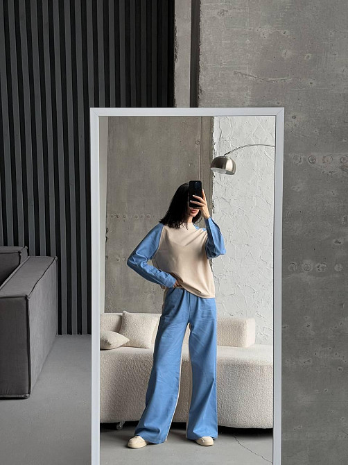 Жіночий ефектний комбінований костюм-двійка: кофта та штани джинс-котон + турецька двонитка Блакитний, 46/48 Одеса - фото 9