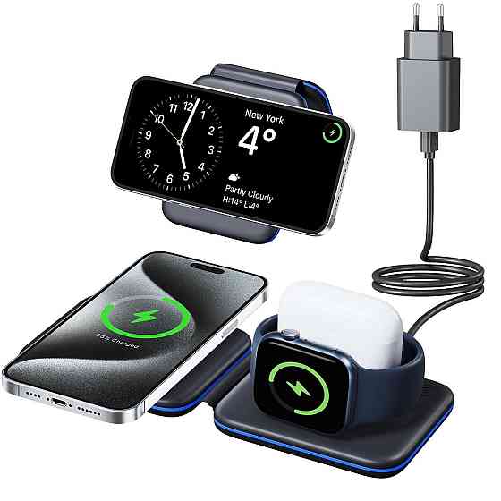 Складана зарядна станція 3в1 Apetiy, MagSafe, для iPhone, Apple Watch, AirPods, 18W адаптер, чорна Київ