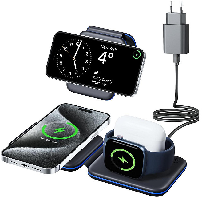 Складная зарядная станция 3в1 Apetiy, MagSafe, для iPhone, Apple Watch, AirPods, адаптер 18W, чёрная Киев - изображение 1