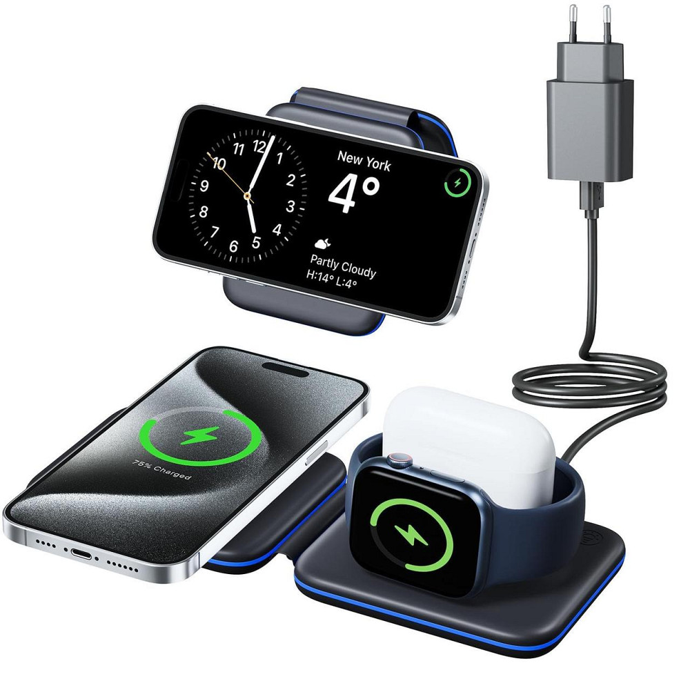 Складана зарядна станція 3в1 Apetiy, MagSafe, для iPhone, Apple Watch, AirPods, 18W адаптер, чорна Київ - фото 1