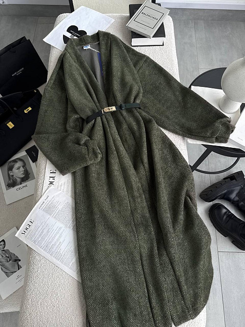 Жіночий затишний оверсайз кардиган із поясом альпака Хакі Одеса - фото 6