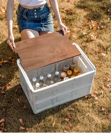 Складной контейнер с крышкой и ручками 43,5×30×24см, пластиковый органайзер с деревянной крышкой для пикника Каменец-Подольский