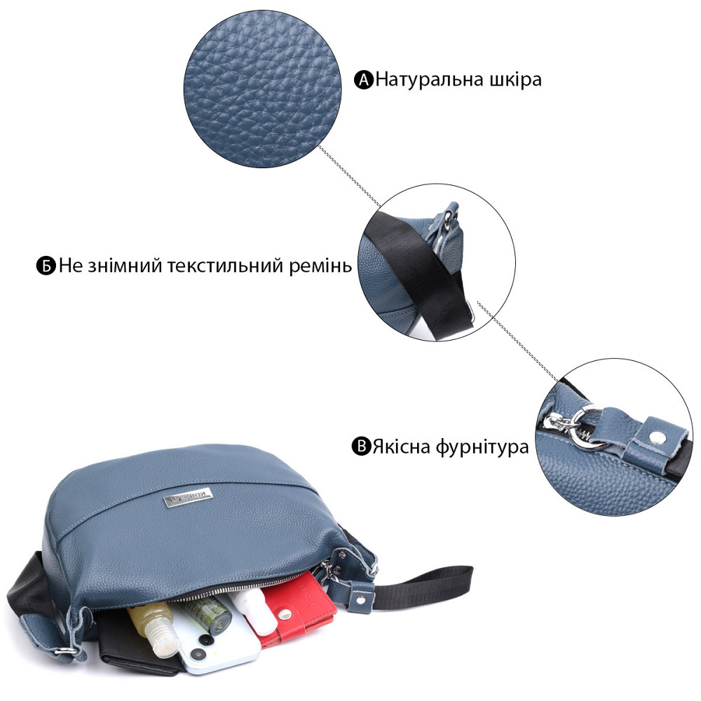 Сумка для женщин через плечо с необычным бегунком брелком из натуральной кожи Vintage 22617 Синяя Киев - изображение 4