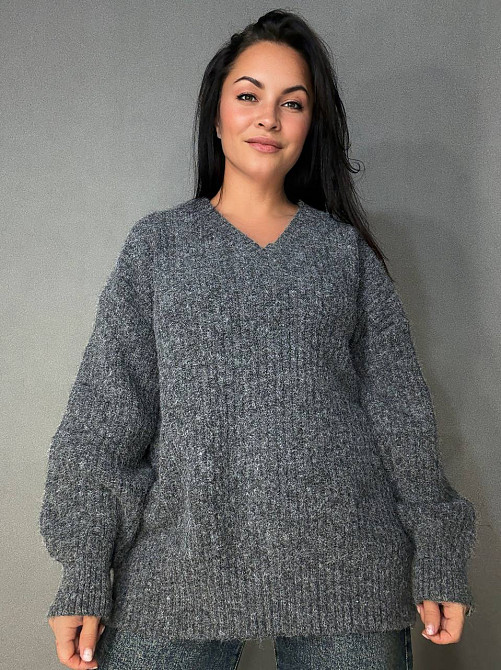 Свитер женский A-N 3321 оверсайз с мысом длинный крупная вязка темно-серый, темно-серый, one size Киев - изображение 1