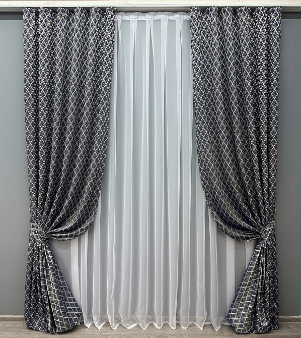 Комплект готових штор VR-Textil Жакард RUBI № 1758ш Темно-синій з молочним 100х300 см 2 шт (31-816) Київ - фото 2