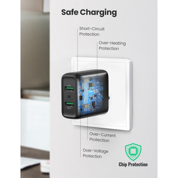 Зарядний пристрій 2xUSB 36W (USB A QC 3.0) Fast Charger чорний CD161 Ugreen (10216) Київ - фото 2