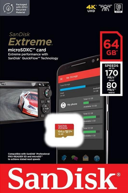 Картка пам'яті MicroSDXC 64 GB C10 UHS-I SanDisk Extreme V30 U3 R170/W80MB/s (SDSQXAH-064G-GN6AA) ( 28722 ) Харків - фото 3