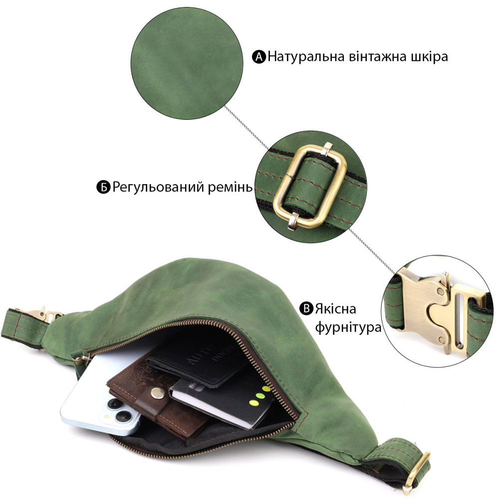 Стильная мужская бананка отменного качества из винтажной натуральной кожи Shvigel 23142 Зеленый Киев - изображение 4