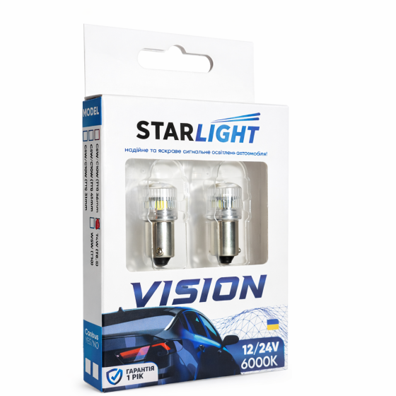 Комплект світлодіодних ламп StarLight Vision T4W (T8.5) S3 LED 360° BA9s WHITE 6000K 12/24V Харків