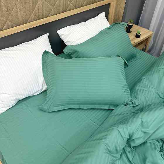 Комплект постельного белья Страйп-сатин Евро 200х230 с простыней на резинке Бирюзовый (88-099) Киев