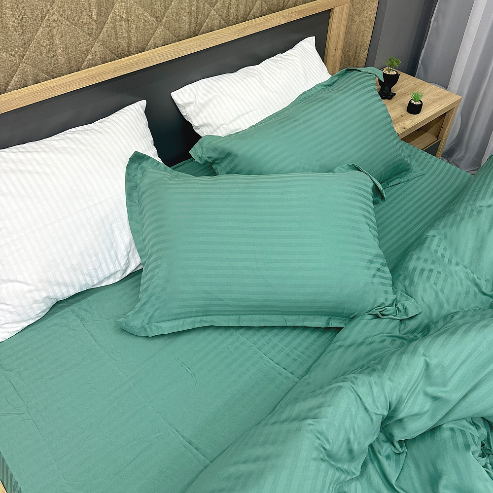 Комплект постельного белья Страйп-сатин Евро 200х230 с простыней на резинке Бирюзовый (88-099) Киев - изображение 1