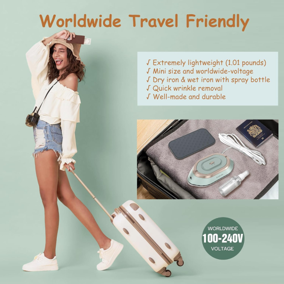 Міні-праска Newbealer Travel 300 Вт, 100–240 В, керамічна підошва, складна ручка, дорожня праска для одягу, зелена Київ