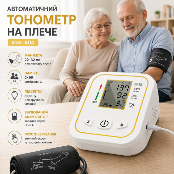 Автоматический тонометр KWL-B04 на плечо, манжета 22–32 см, память 2×99, подсветка, аккумулятор Киев