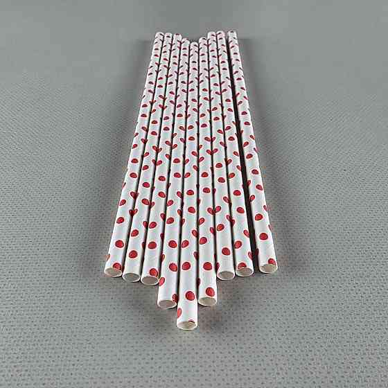Соломка трубочка паперова Ø 5 мм 20 см "Горошок червоний" білий 25 шт (1 пачка) Харків