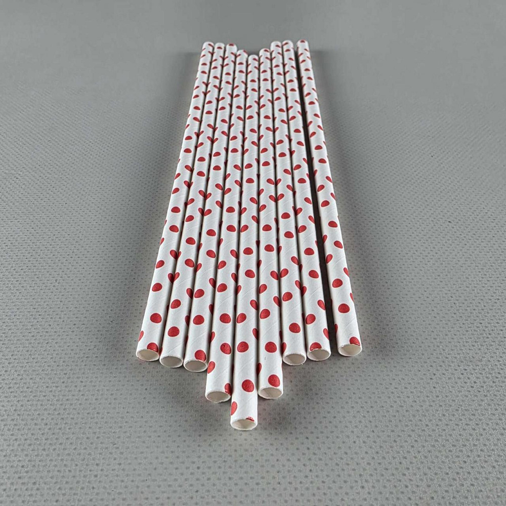 Соломка трубочка паперова Ø 5 мм 20 см "Горошок червоний" білий 25 шт (1 пачка) Харків - фото 1
