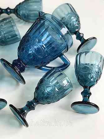 Набір для напоїв 7 предметів 6 шт. келихів + графин 1 л «Вінтаж» 300 мл синій Київ