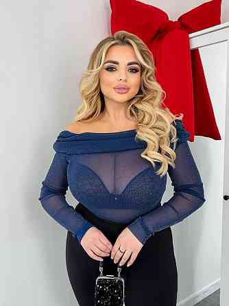 Жіноче привабливе блискуче боді з відкритими плечима сітка із золотим напиленням Синій, 46/48 Одеса