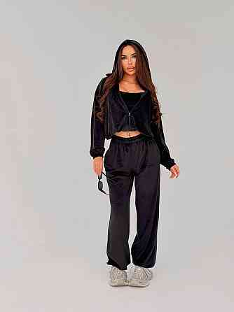 Жіночий стильний повсякденний велюровий костюм-трійка Чорний, 46/48 Одеса