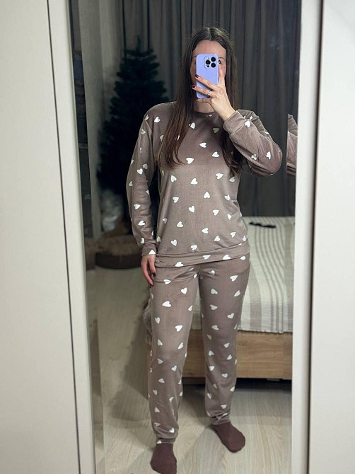 Женский уютный домашний костюм двойка с сердечками турецкий плюш-велюр Мокко, 46/48 Одесса - изображение 1