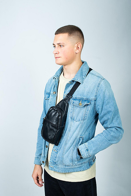 Сумка через плече шкіряна, сумка-слинг чоловіча SL014 (Чорна) Суми - фото 9