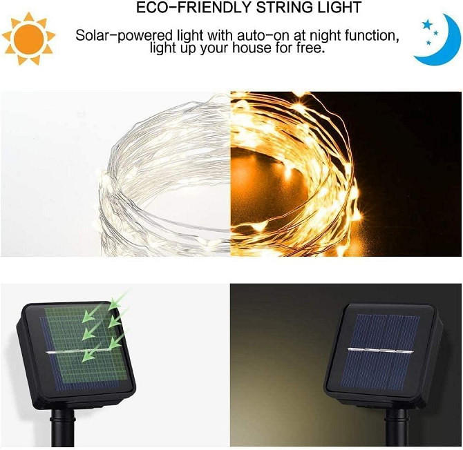 Солнечная гирлянда Wishlink, 2шт по 100 LED, 33 фута теплый белый свет IP65 для улицы, сада, террасы Киев - изображение 2