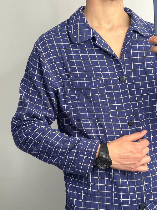 Чоловічий домашній костюм з муслінової тканини на ґудзиках Синій XS/S Харків - фото 3