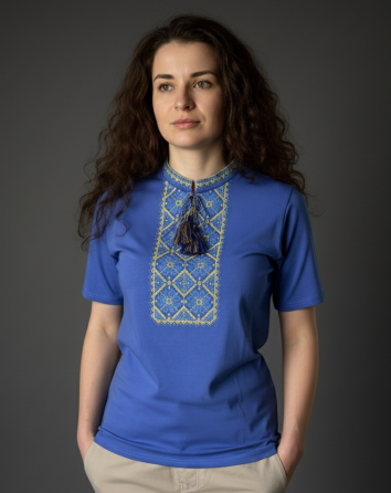 Жіноча футболка вишиванка синя з жовто-блакитним орнаментом L Київ