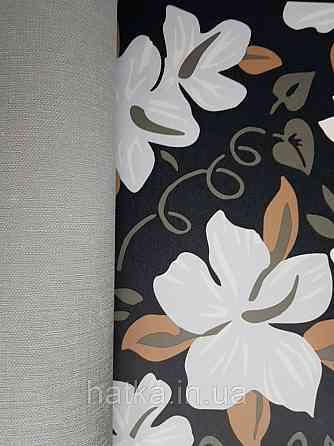 Шпалери вінілові Lutece Bensimon квіти листя блакитні білі коричневі сірі на чорному Київ