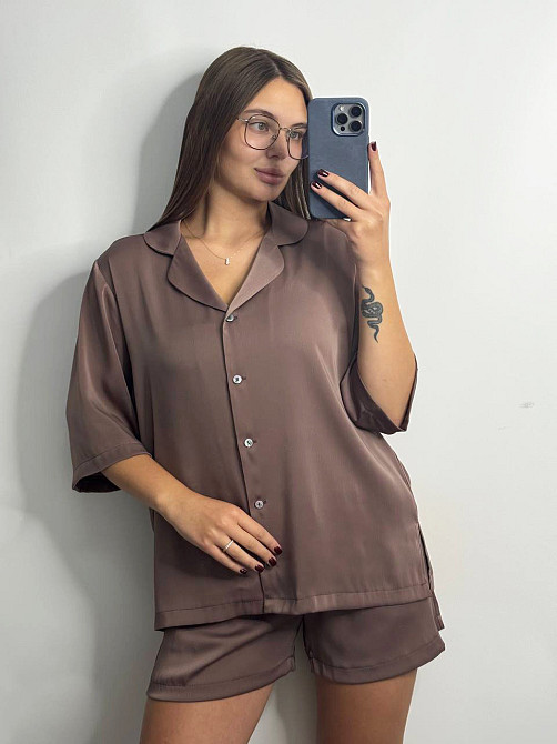 Жіночий костюм-двійка із сатину Шоколад XS-S Харків - фото 1