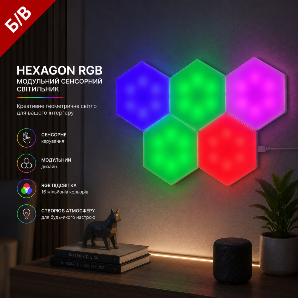 Б/В Модульний сенсорний світильник Hexagon RGB: Креативне геометричне світло для вашого інтер'єру Київ - фото 8