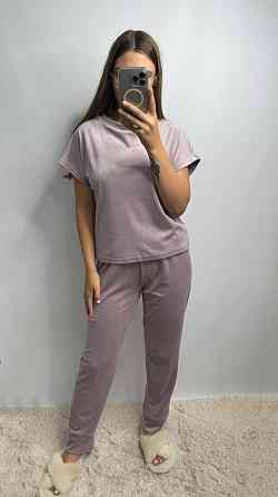 Піжама-комплект (футболка+шорти+штани) з плюшевого велюру Пудровий XL Харків