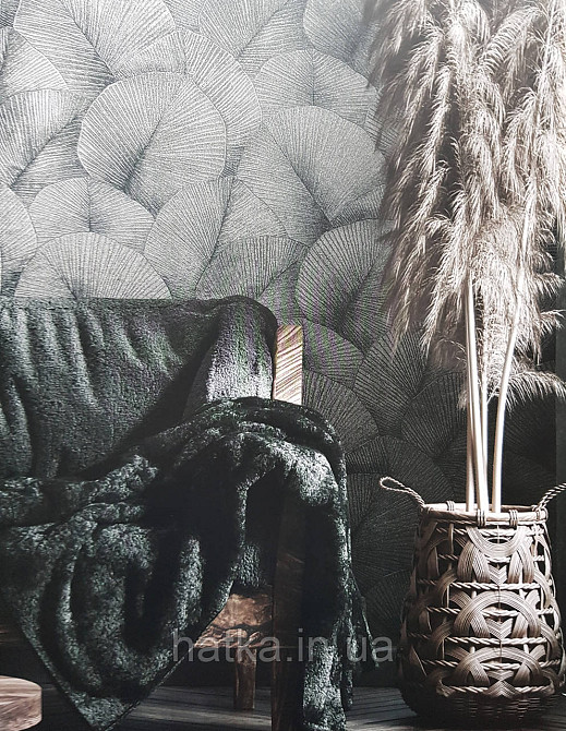 Шпалери вінілові на флізеліні Marburg Kumano 1.06х10 листя металік сіре чорне зі сріблястим 3д лофт 34564 Київ - фото 1