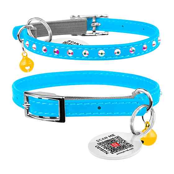 Нашийник WAUCAT Glamour з резинкою, клейовими стразами, для котів (ширина 9мм, довжина 22-30см) блакитний Київ