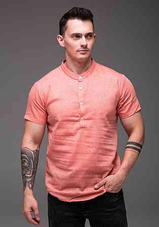 Чоловіча літня лляна сорочка поло з коротким рукавом коралова - комір стійка Одеса