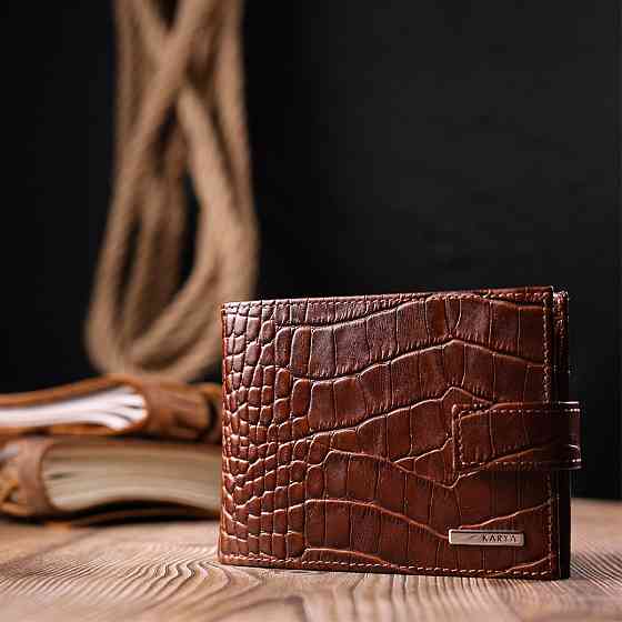 Цікавий чоловічий гаманець із натуральної шкіри з тисненням під крокодила Коричневий (KARYA) Київ