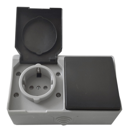 Блок розетка з кришкою + вимикач накладий сіро-чорний Харків