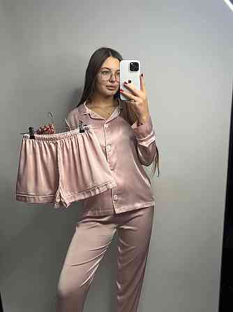 Комплект шовковий трійка сорочка з шортами і штанами Пудровий L Харків