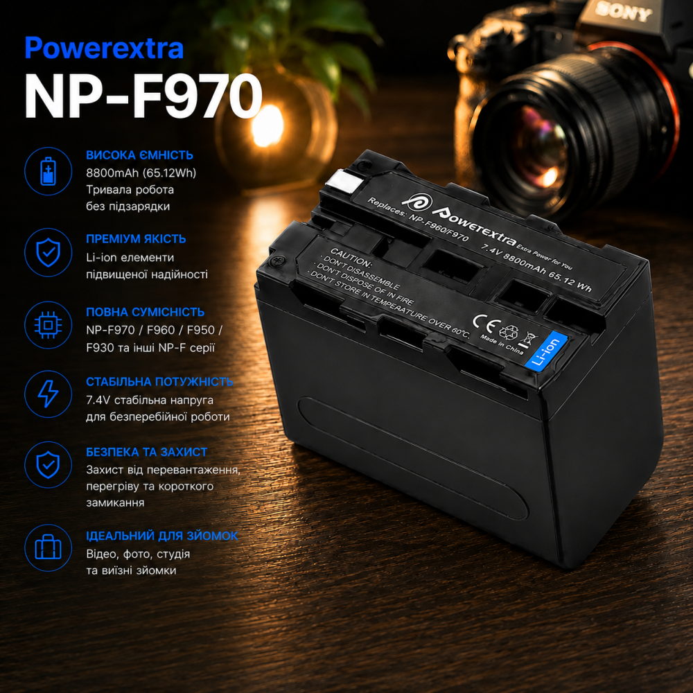 Аккумулятор Powerextra NP-F970 / NP-F960 / NP-F950 / NP-F930 8800 мАч для камер Sony, Li-ion Киев - изображение 8