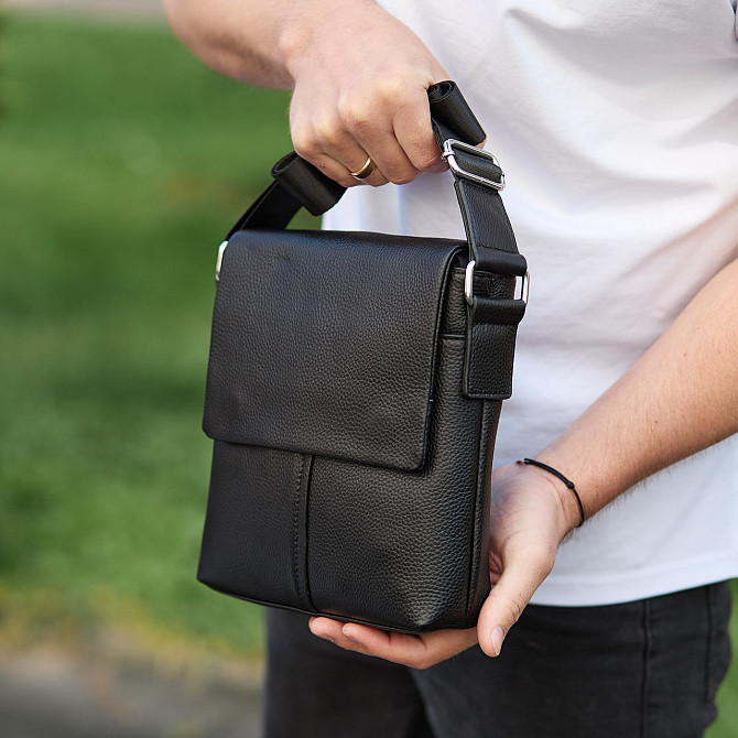 Кожаная мужская сумка-месенджер через плечо черная Tiding Bag 48450 Каменское - изображение 7