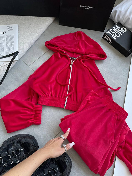 Женский прогулочный оверсайз костюм двойка: кофта и штаны турецкий велюр. Красный Одесса - изображение 9