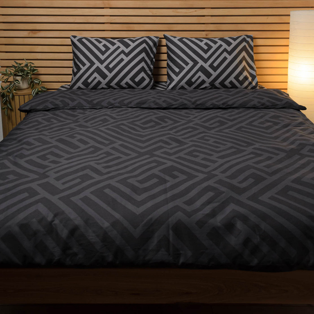 Євро комплект постільної білизни Сатин Лабіринт 125 г/м2 YouStar (Сірий з чорним) 2 х 50х70 Суми - фото 1